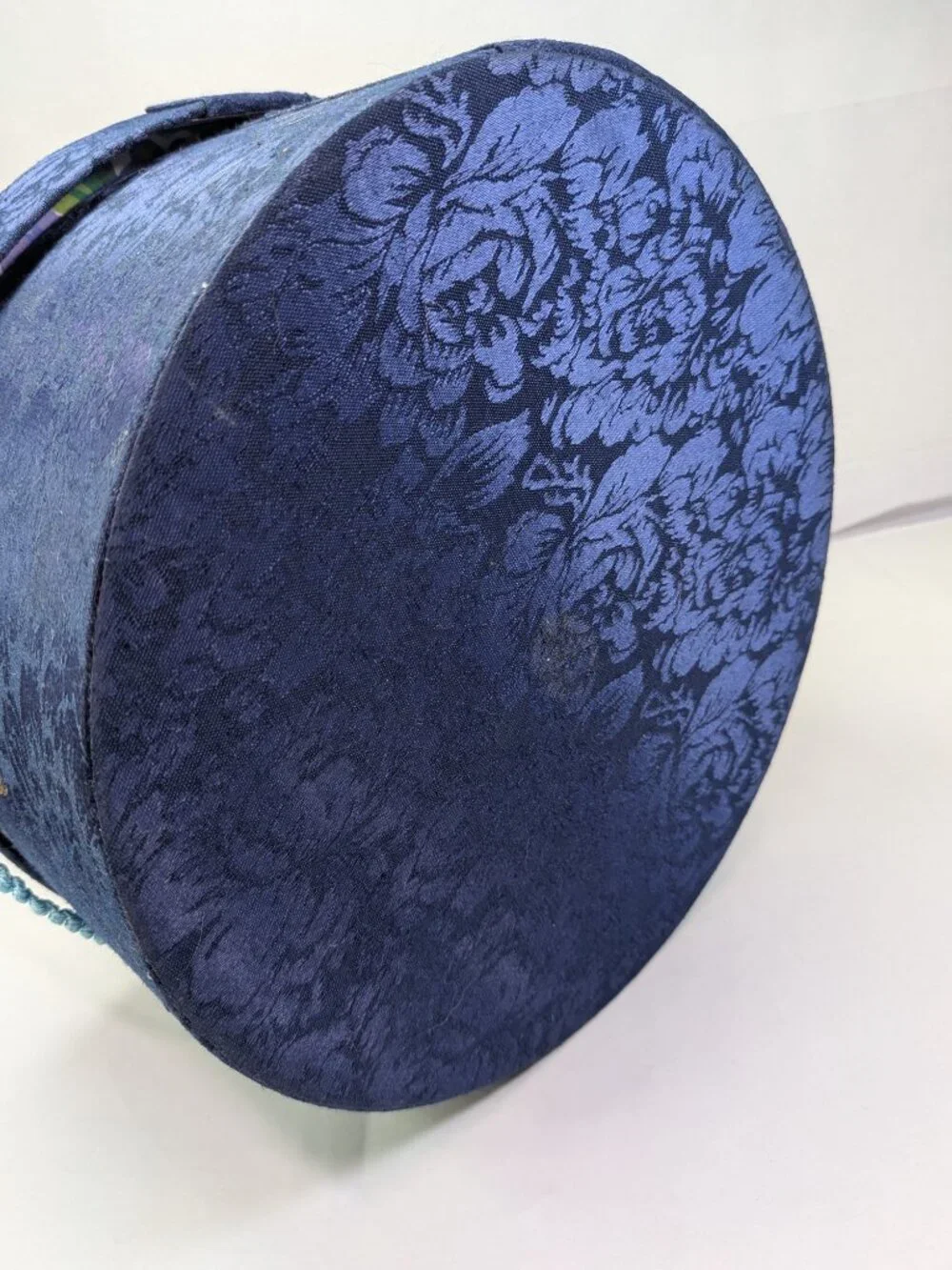 VTG Floral Damask Fabric Round Hat Boxes Set Navy Blue Bright Floral Rose Pink